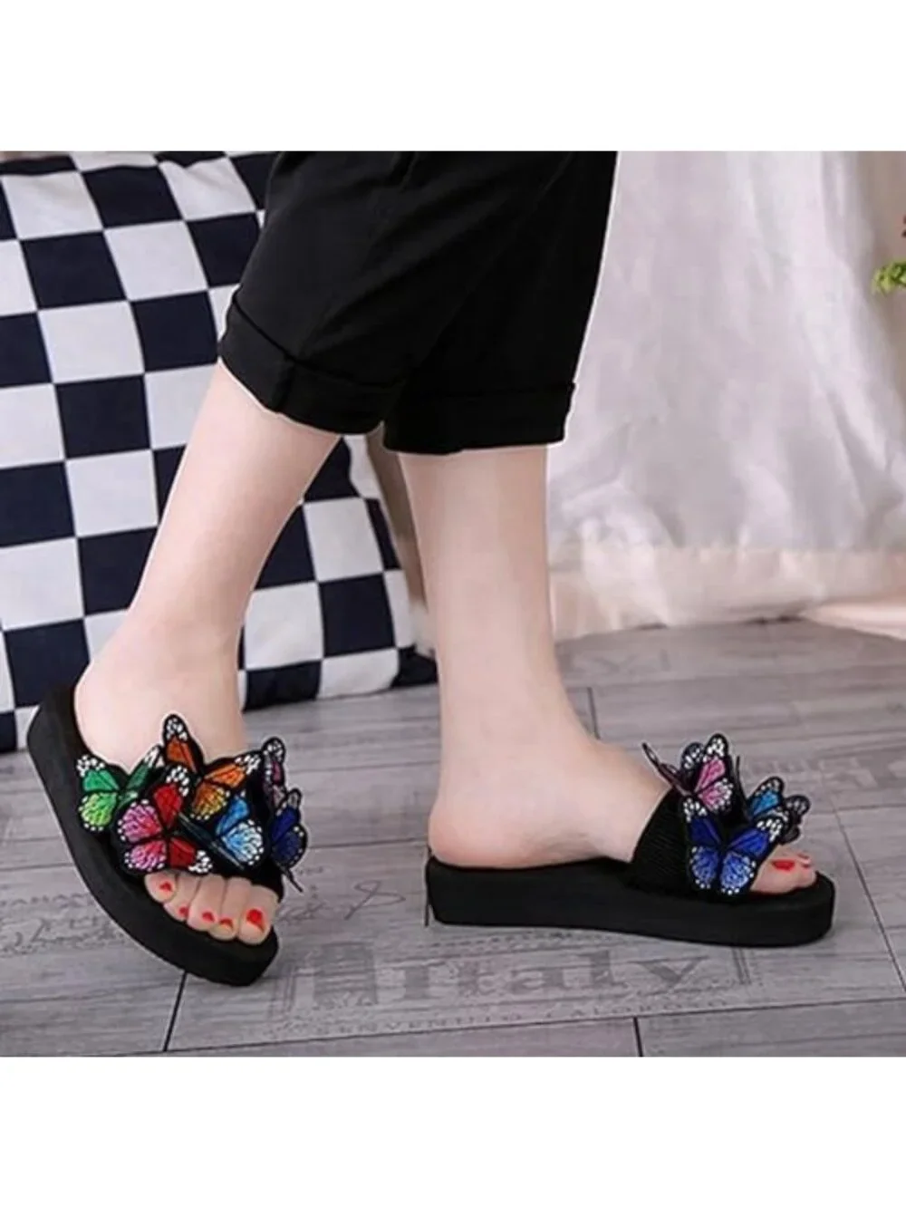 Comfy Summer Flat Slide Sandals for Women - Butterfly Platform, Low Heel